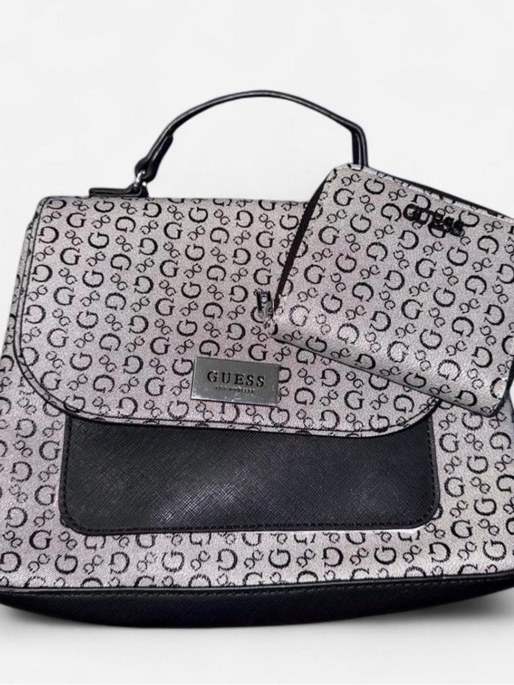 GUESS Black and White Monogram Crossbody with Matching Pouch